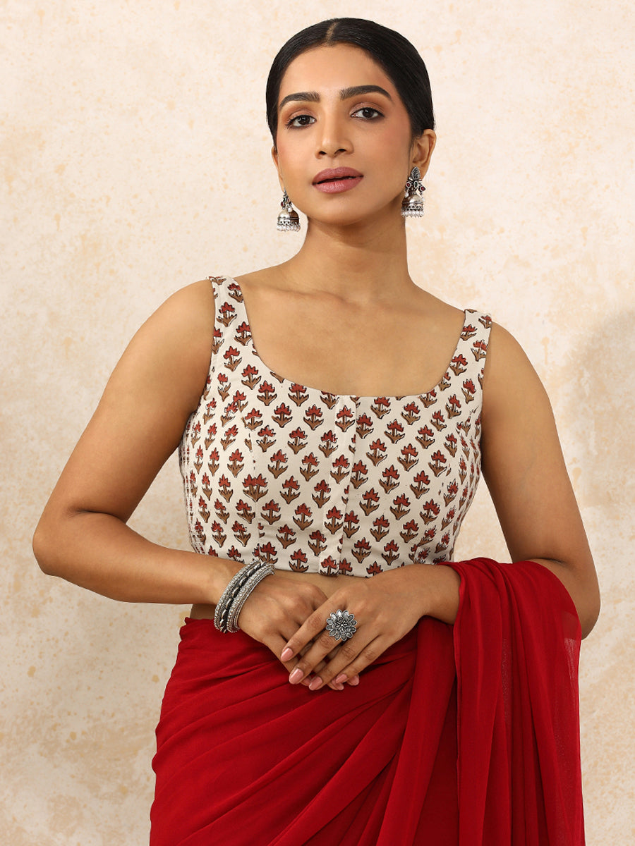 Oorja x Rozaana Saree Blouse, in Cream 100% Cotton - Block Printed, featuring sleeveless and round neckline (view 5).