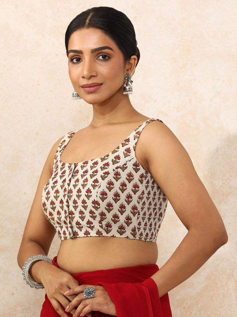Oorja x Rozaana | Sleeveless Saree Blouse in Tulip Bloom Cream Block Print Cotton-Binks