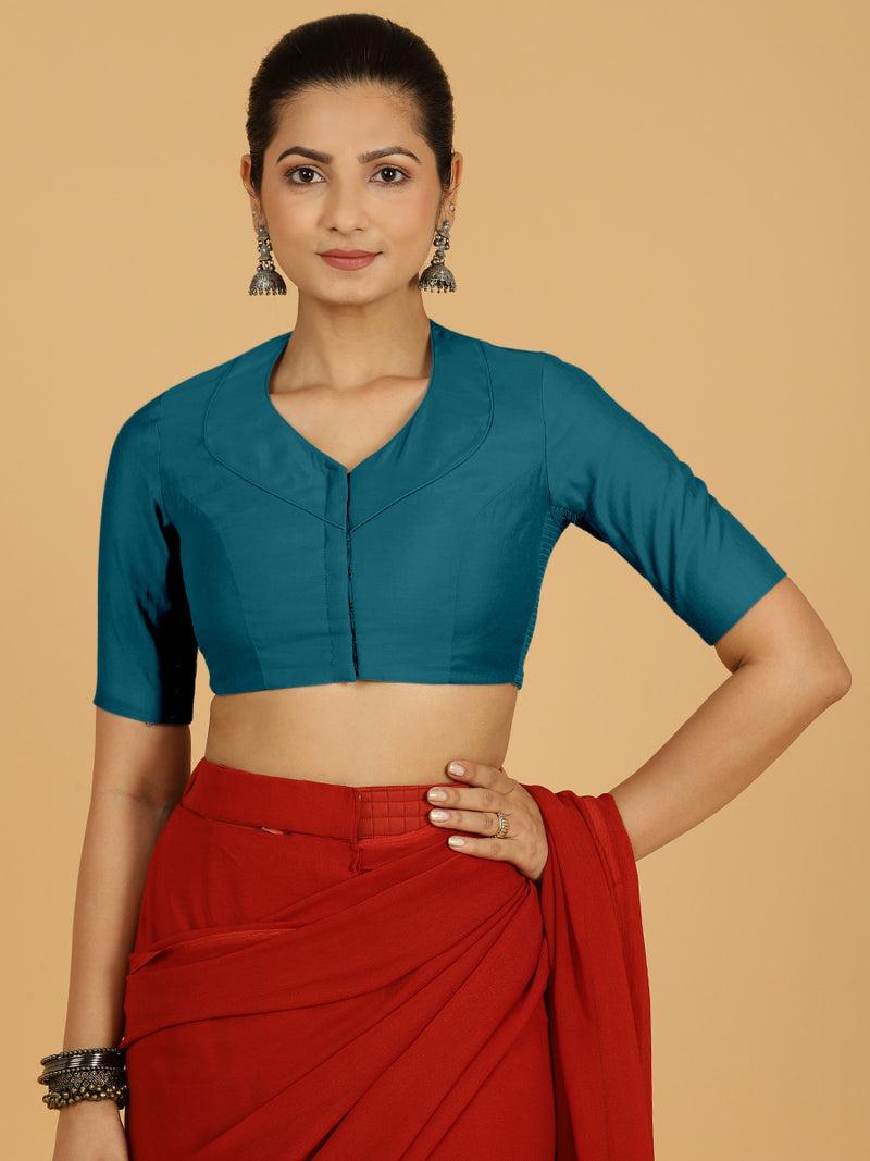 Pallavi x Rozaana | Elbow Sleeves Saree Blouse in Crystal Teal-Binks