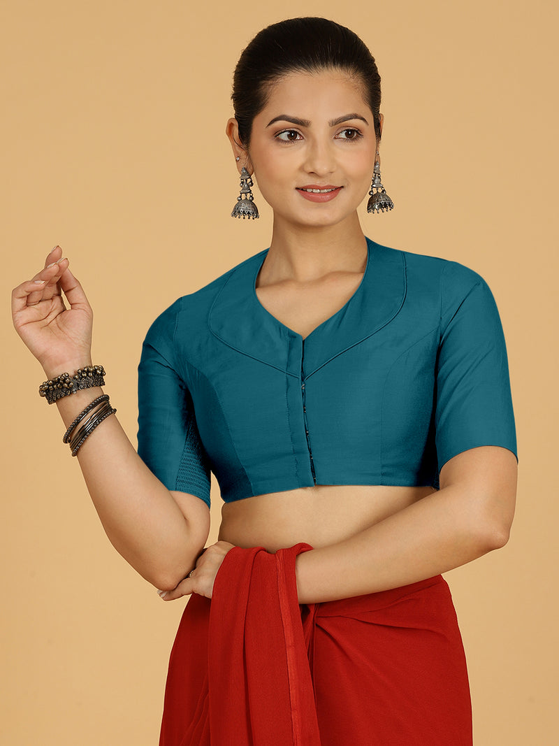 Pallavi x Rozaana | Elbow Sleeves Saree Blouse in Crystal Teal-Binks