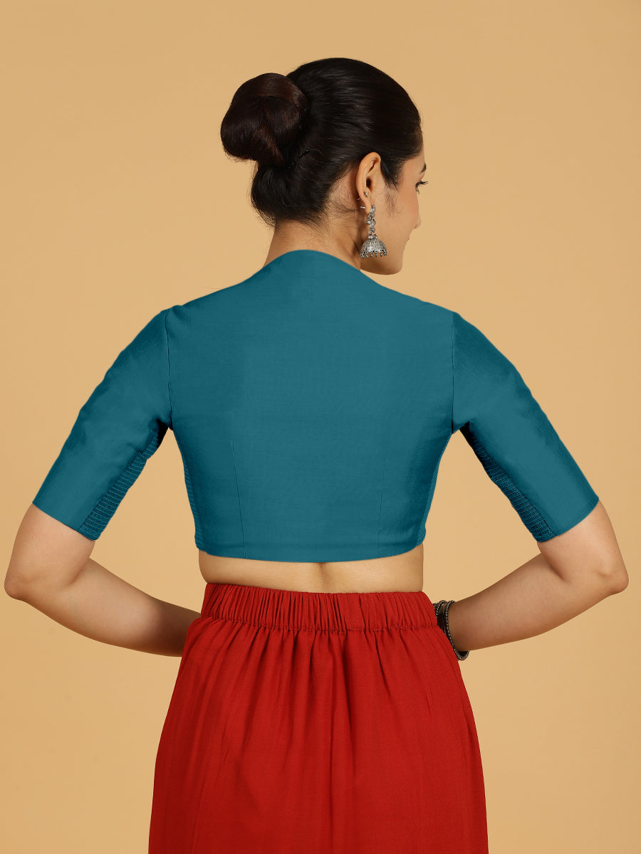 Pallavi x Rozaana Saree Blouse, in Blue Viscose, featuring elbow sleeves and curved v-neckline, made for daily & work (view 2).