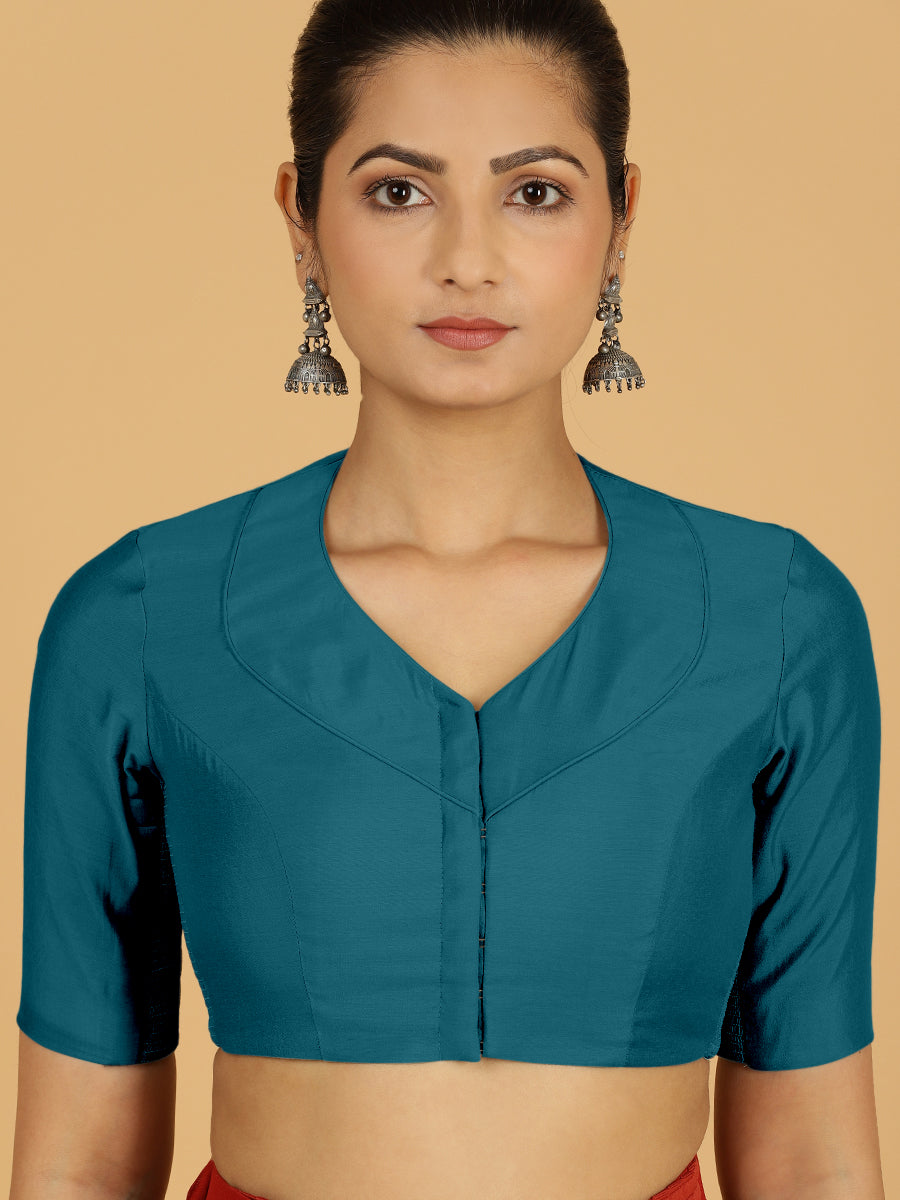 Pallavi x Rozaana Saree Blouse, in Blue Viscose, featuring elbow sleeves and curved v-neckline, made for daily & work (view 5).