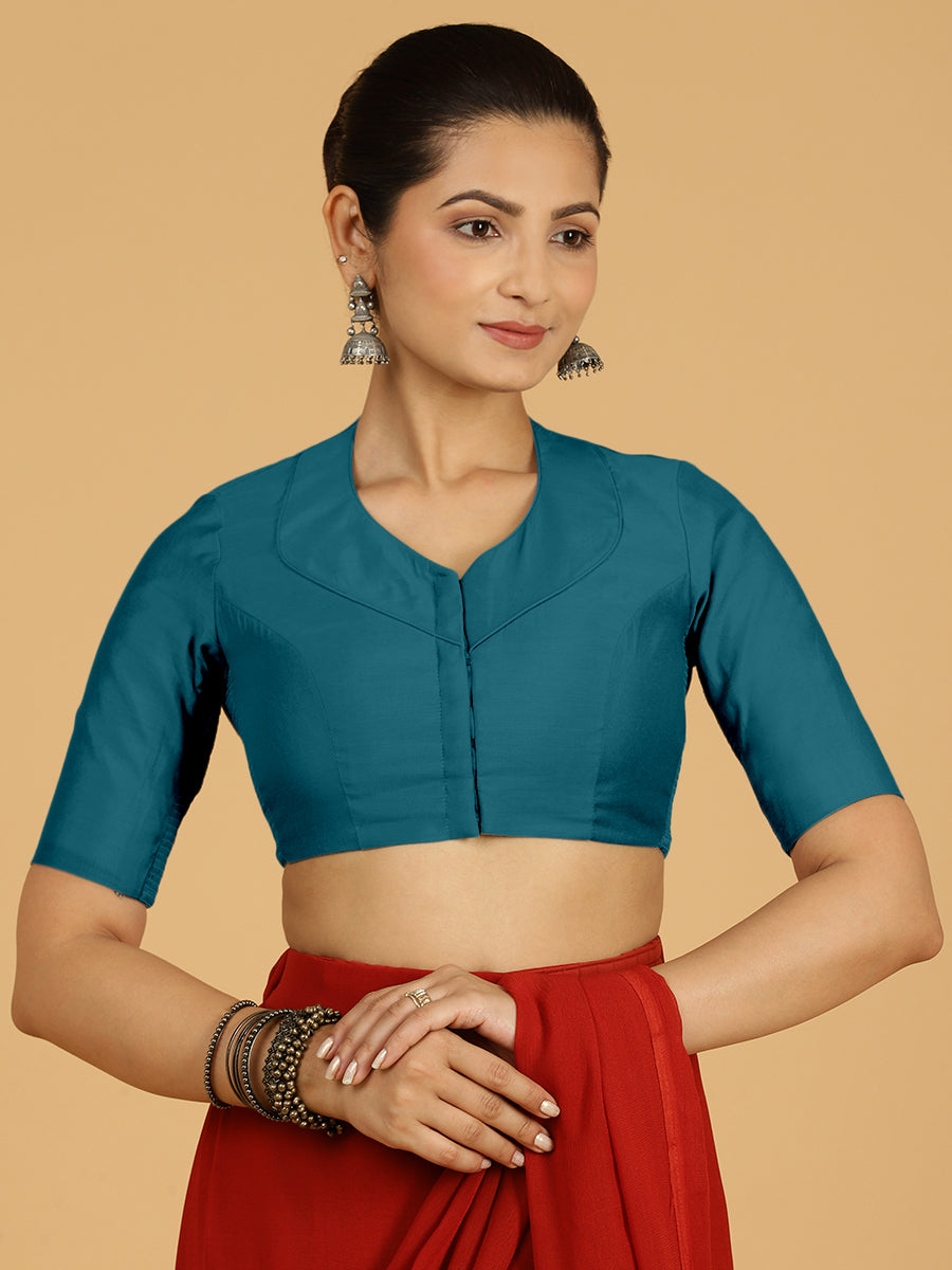 Pallavi x Rozaana Saree Blouse, in Blue Viscose, featuring elbow sleeves and curved v-neckline, made for daily & work (view 8).