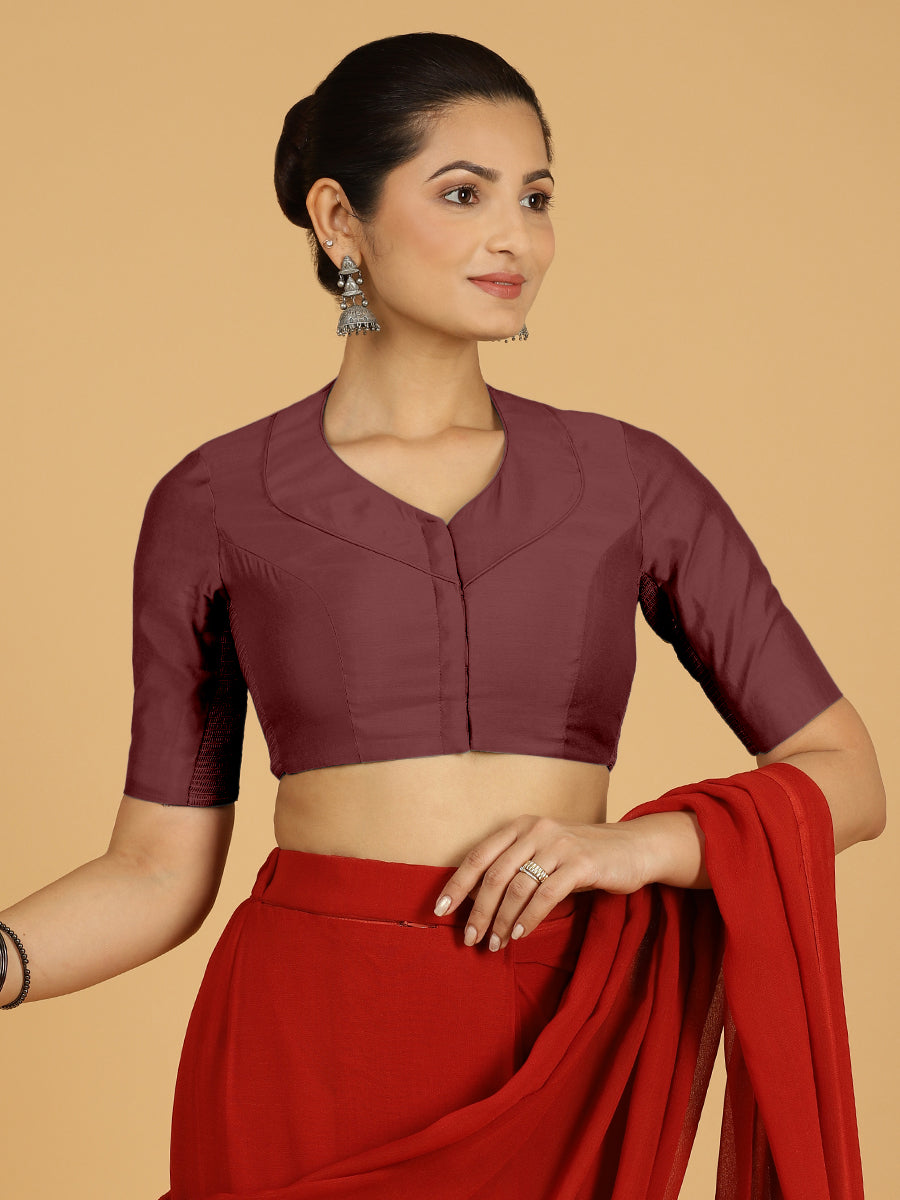 Pallavi x Rozaana Saree Blouse, in Maroon Viscose, featuring elbow sleeves and curved v-neckline, made for daily & work.