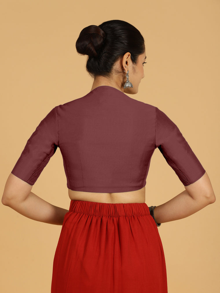 Pallavi x Rozaana Saree Blouse, in Maroon Viscose, featuring elbow sleeves and curved v-neckline, made for daily & work.