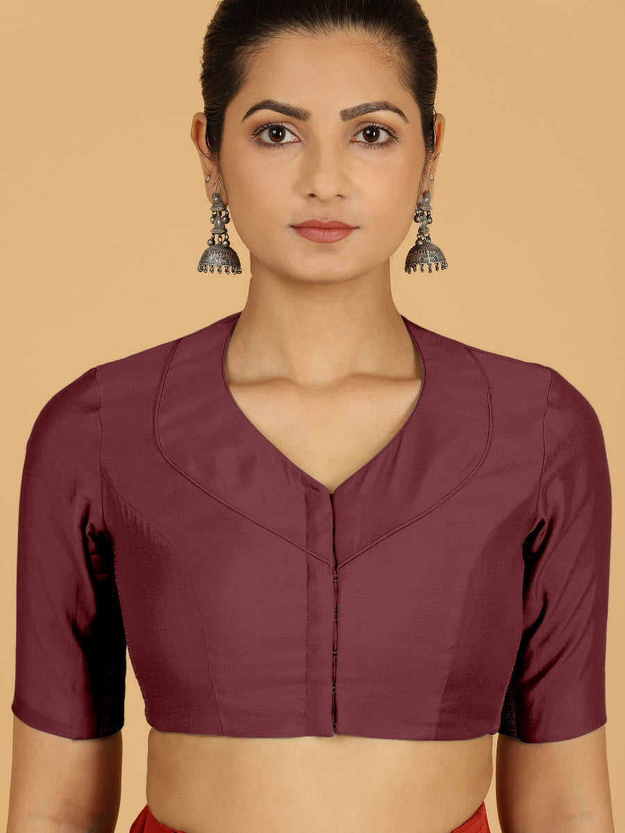 Pallavi x Rozaana Saree Blouse, in Maroon Viscose, featuring elbow sleeves and curved v-neckline, made for daily & work.
