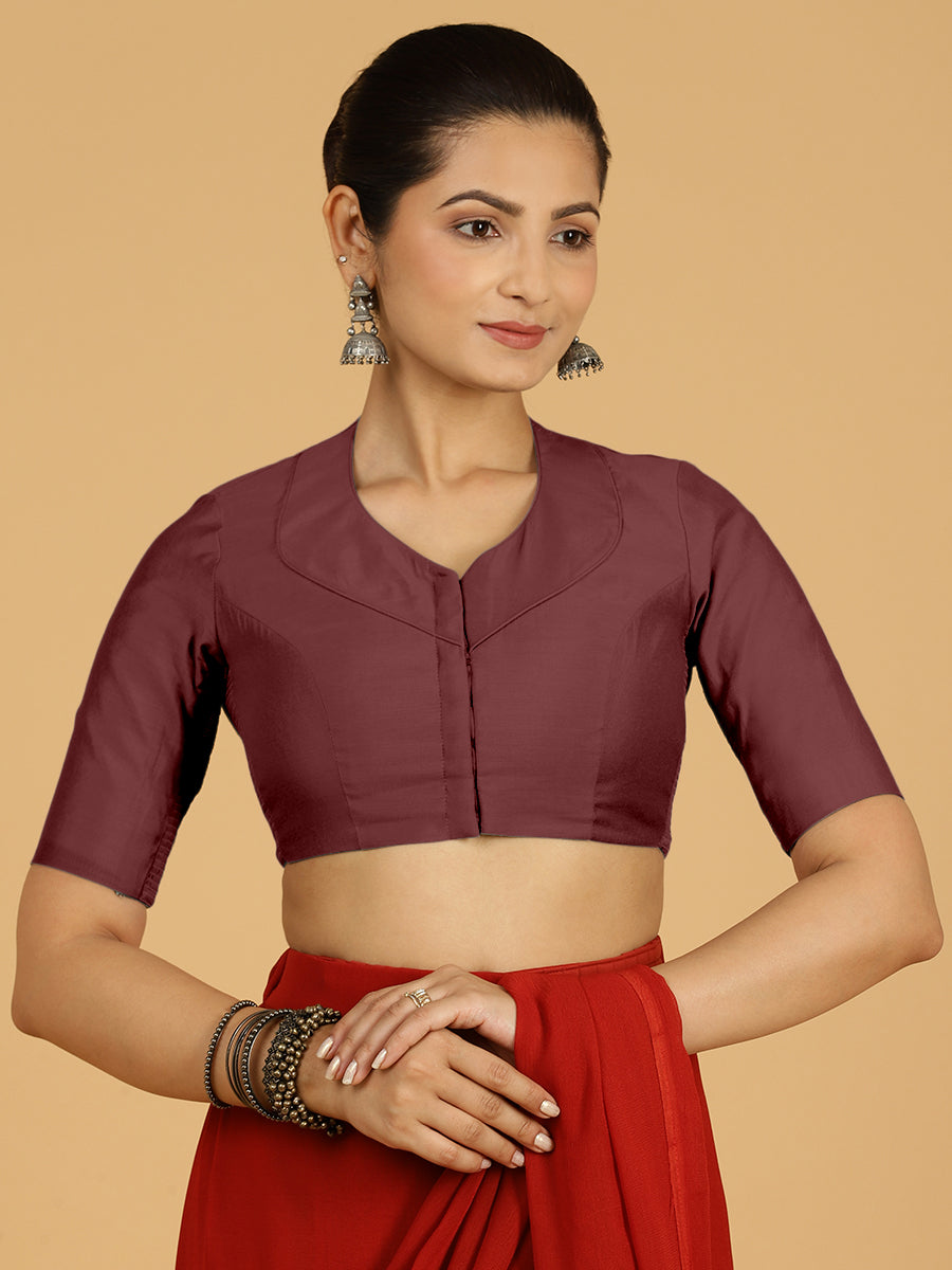 Pallavi x Rozaana Saree Blouse, in Maroon Viscose, featuring elbow sleeves and curved v-neckline, made for daily & work.