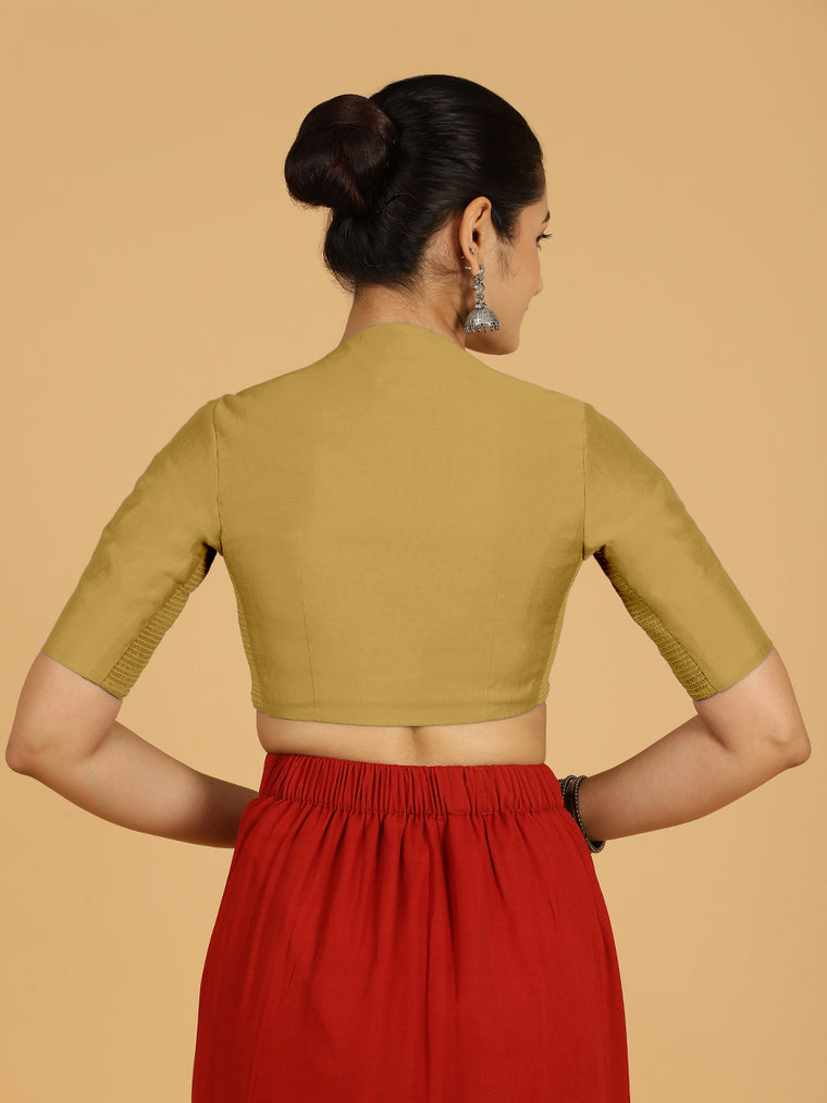 Pallavi x Rozaana Saree Blouse, in Yellow Viscose, featuring elbow sleeves and curved v-neckline, made for daily & work.