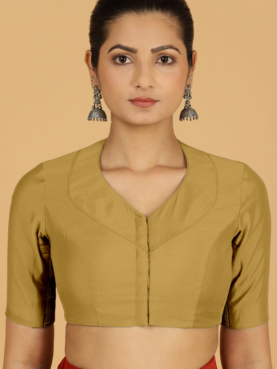 Pallavi x Rozaana Saree Blouse, in Yellow Viscose, featuring elbow sleeves and curved v-neckline, made for daily & work.