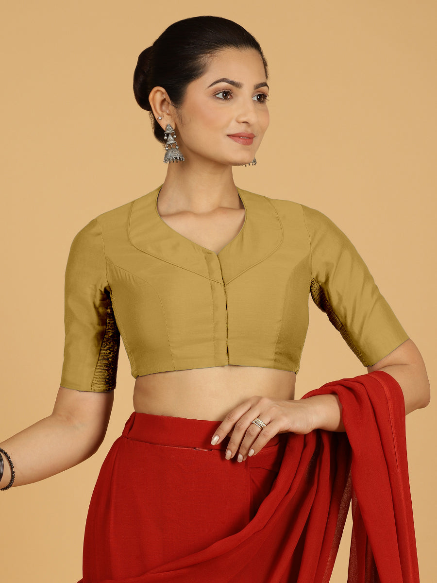 Pallavi x Rozaana Saree Blouse, in Yellow Viscose, featuring elbow sleeves and curved v-neckline, made for daily & work.