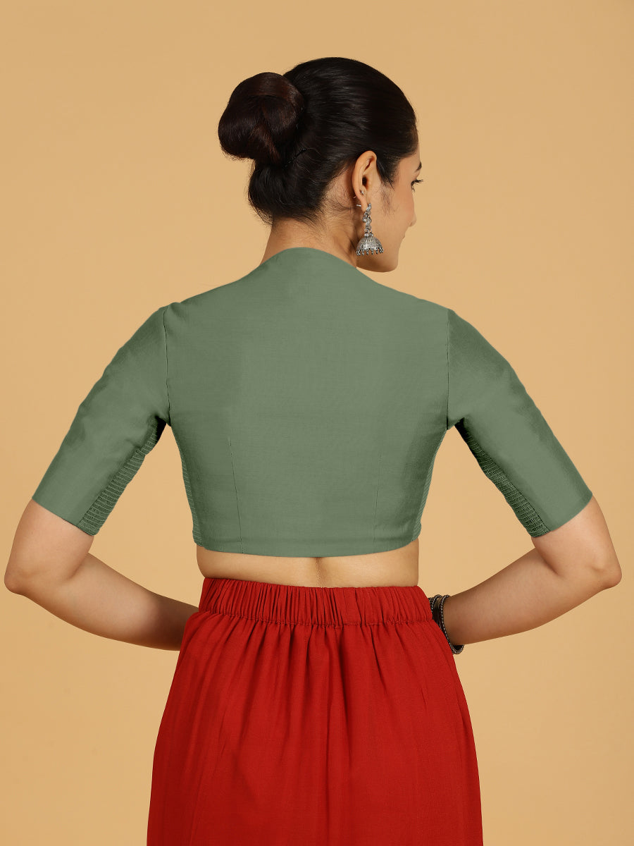 Pallavi x Rozaana Saree Blouse, in Green Viscose, featuring elbow sleeves and curved v-neckline, made for daily & work (view 2).