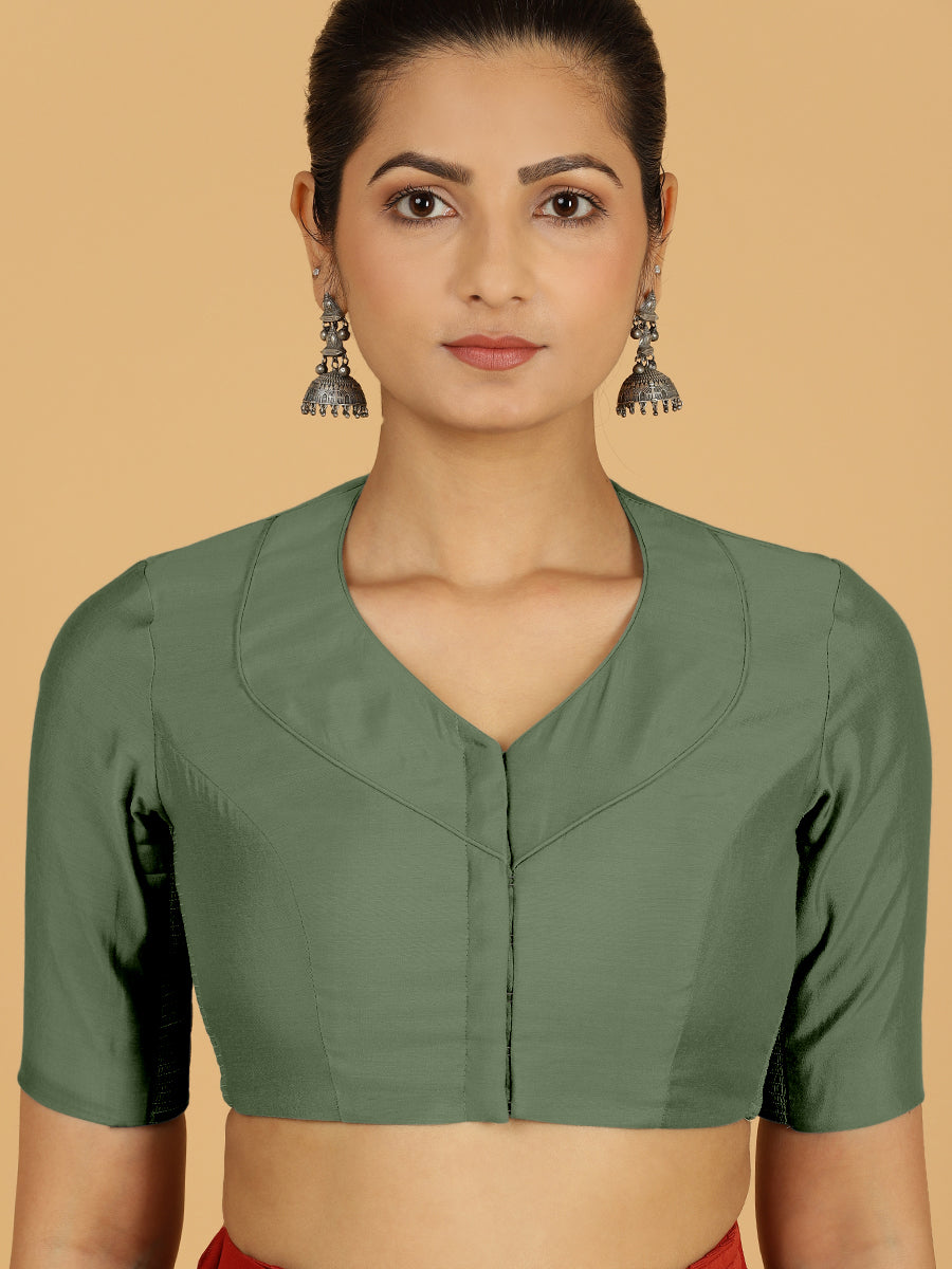 Pallavi x Rozaana Saree Blouse, in Green Viscose, featuring elbow sleeves and curved v-neckline, made for daily & work (view 5).