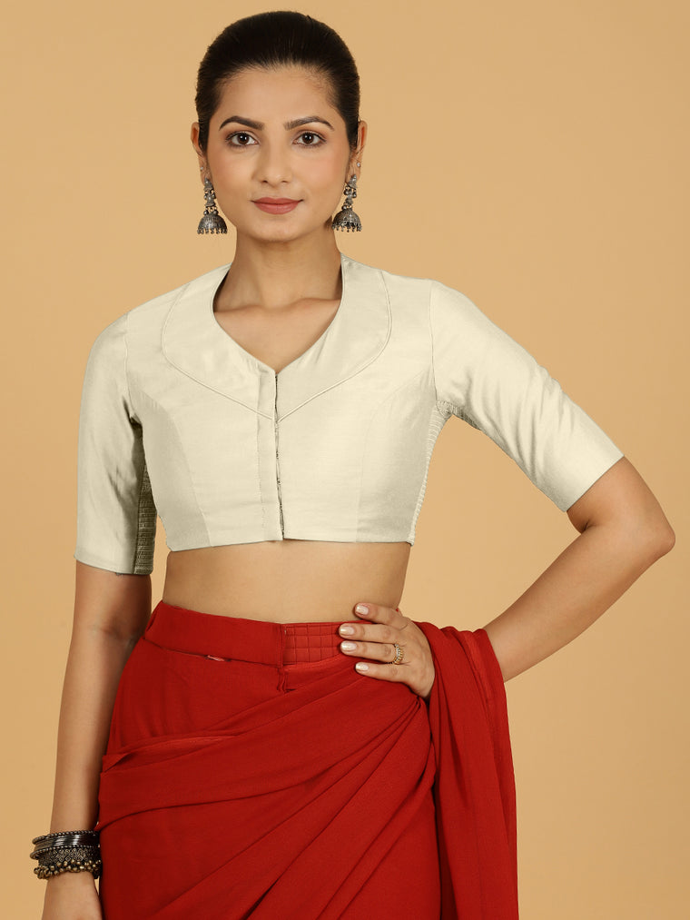 Pallavi x Rozaana Saree Blouse, in Cream Viscose, featuring elbow sleeves and curved v-neckline, made for daily & work.