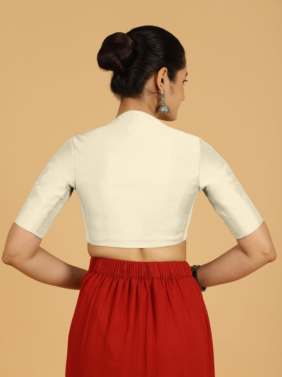 Pallavi x Rozaana Saree Blouse, in Cream Viscose, featuring elbow sleeves and curved v-neckline, made for daily & work (view 2).