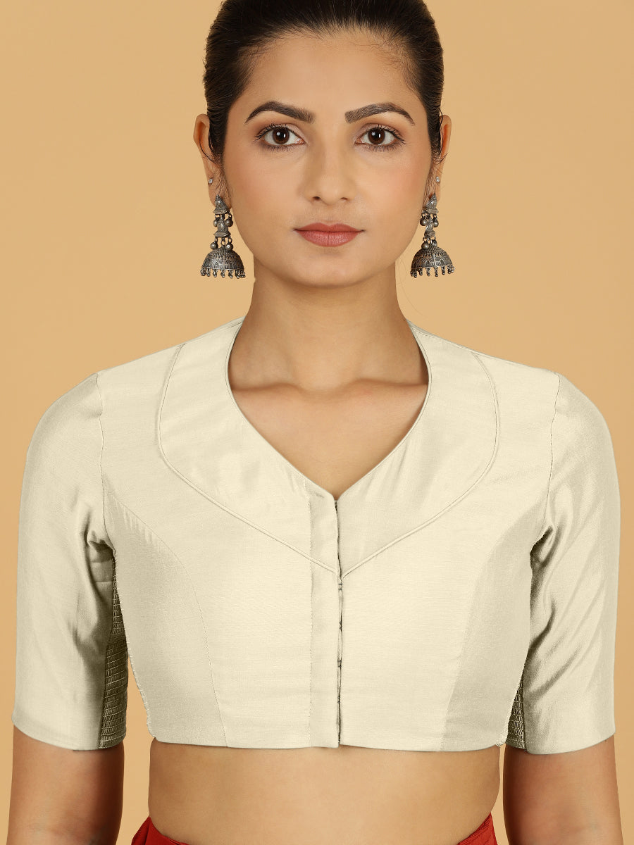 Pallavi x Rozaana Saree Blouse, in Cream Viscose, featuring elbow sleeves and curved v-neckline, made for daily & work (view 5).