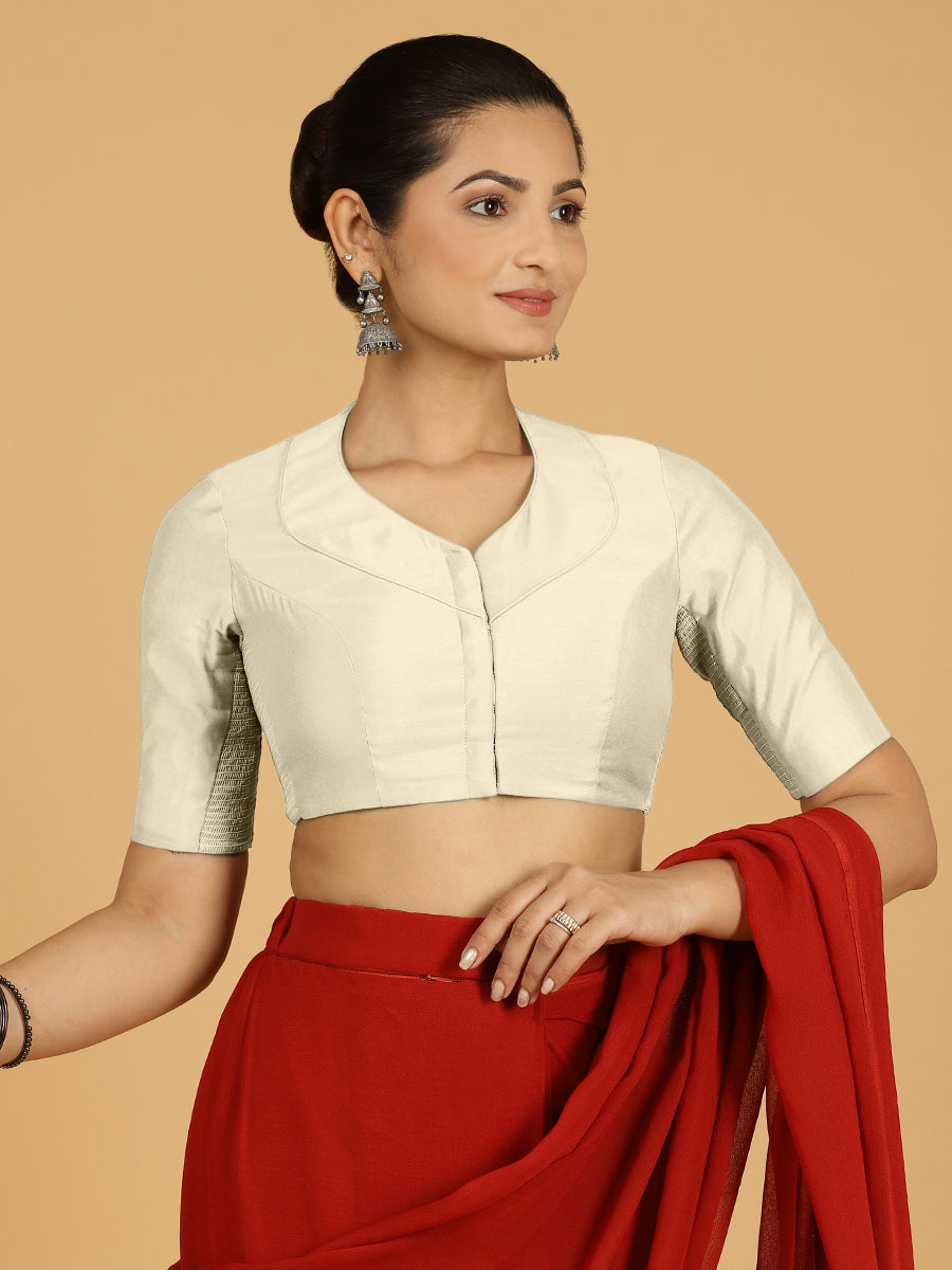 Pallavi x Rozaana Saree Blouse, in Cream Viscose, featuring elbow sleeves and curved v-neckline, made for daily & work (view 6).