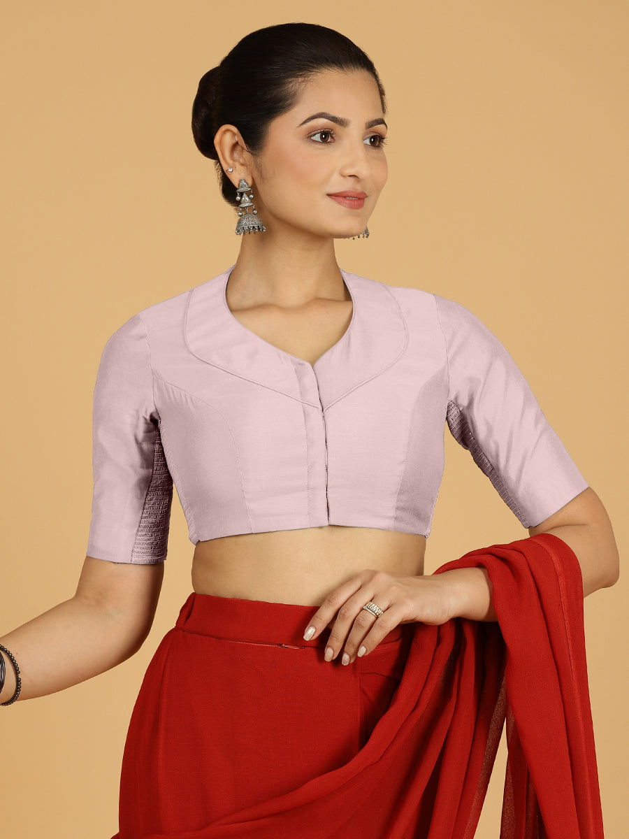 Pallavi x Rozaana Saree Blouse, in Purple Viscose, featuring elbow sleeves and curved v-neckline, made for daily & work.