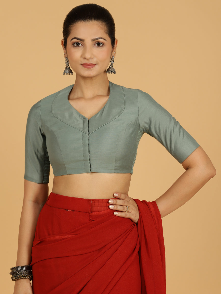 Pallavi x Rozaana Saree Blouse, in Green Viscose, featuring elbow sleeves and curved v-neckline, made for daily & work.