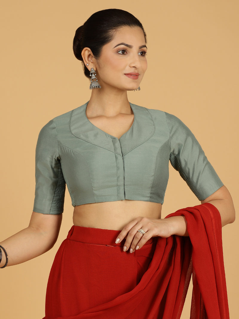 Pallavi x Rozaana | Elbow Sleeves Saree Blouse in Mint Green-Binks