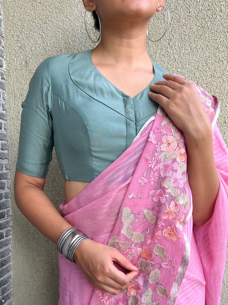 Pallavi x Rozaana | Elbow Sleeves Saree Blouse in Mint Green-Binks