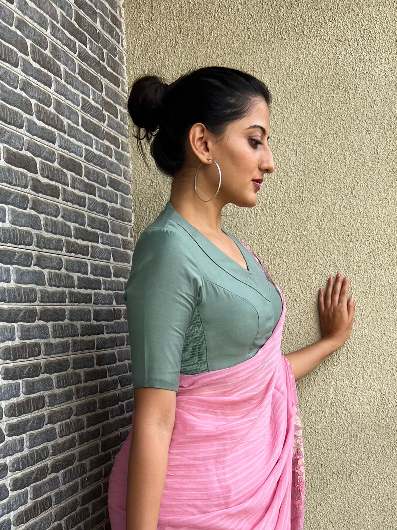 Pallavi x Rozaana | Elbow Sleeves Saree Blouse in Mint Green-Binks