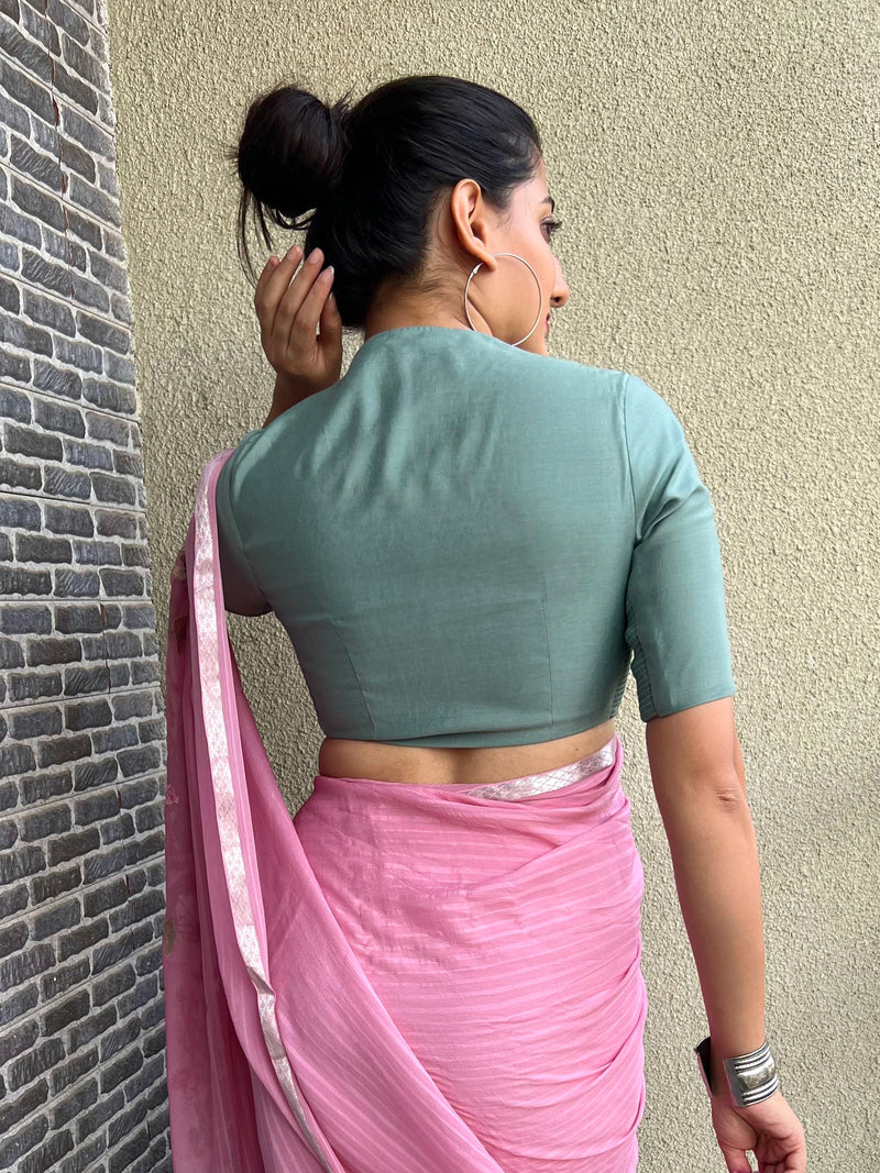 Pallavi x Rozaana | Elbow Sleeves Saree Blouse in Mint Green-Binks