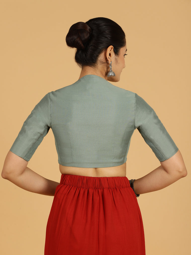 Pallavi x Rozaana Saree Blouse, in Green Viscose, featuring elbow sleeves and curved v-neckline, made for daily & work (view 2).