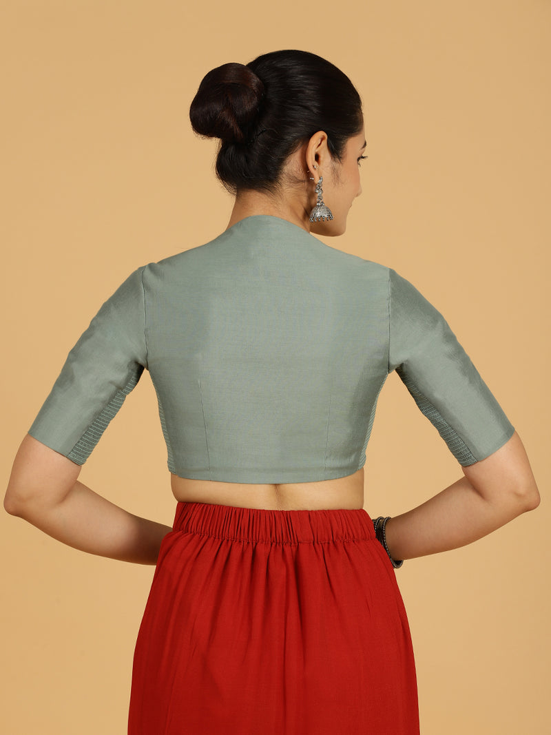 Pallavi x Rozaana | Elbow Sleeves Saree Blouse in Mint Green-Binks