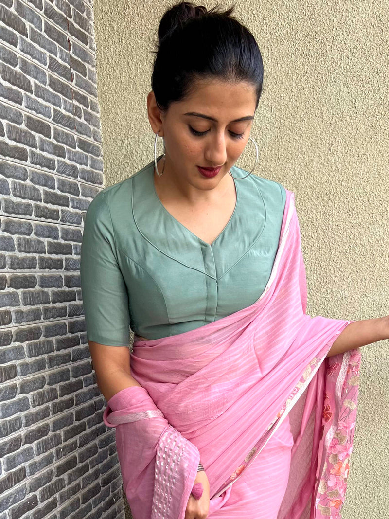 Pallavi x Rozaana | Elbow Sleeves Saree Blouse in Mint Green-Binks