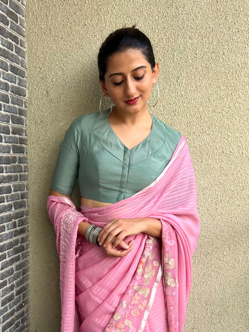 Pallavi x Rozaana | Elbow Sleeves Saree Blouse in Mint Green-Binks
