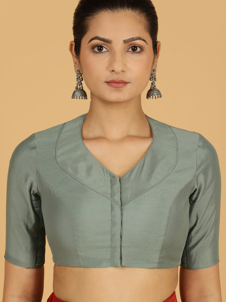 Pallavi x Rozaana Saree Blouse, in Green Viscose, featuring elbow sleeves and curved v-neckline, made for daily & work (view 5).