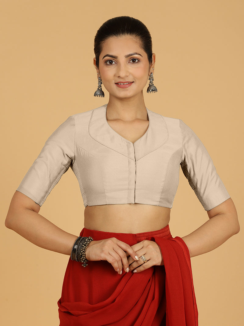 Pallavi x Rozaana | Elbow Sleeves Saree Blouse in Oyster Grey-Binks