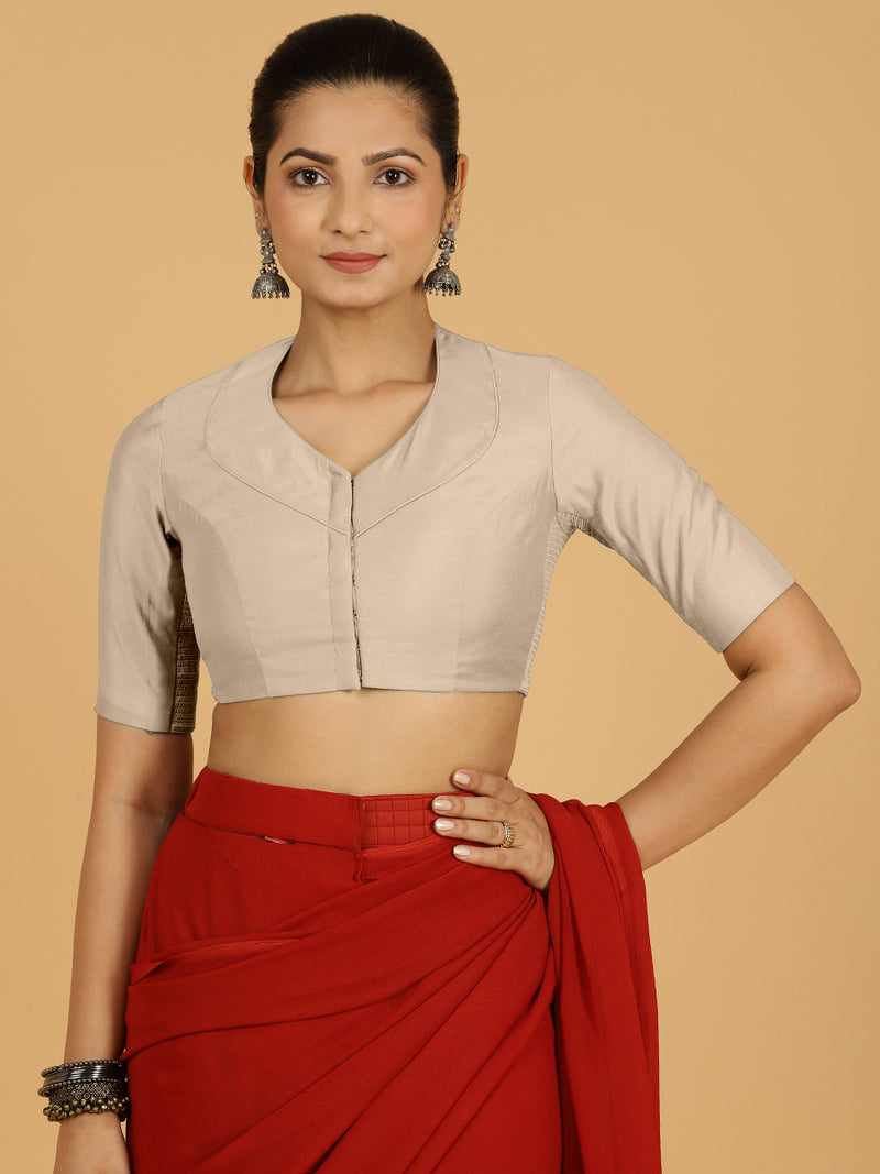 Pallavi x Rozaana | Elbow Sleeves Saree Blouse in Oyster Grey-Binks