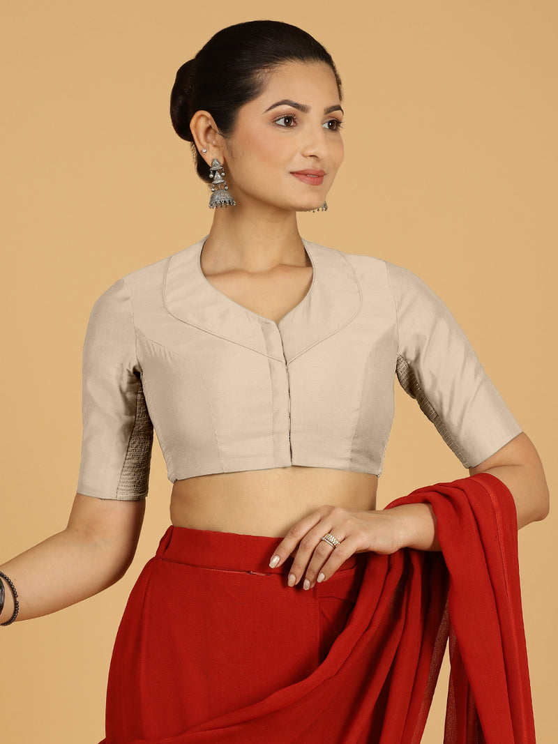 Pallavi x Rozaana | Elbow Sleeves Saree Blouse in Oyster Grey-Binks