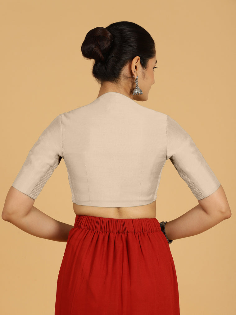 Pallavi x Rozaana Saree Blouse, in Grey Viscose, featuring elbow sleeves and curved v-neckline, made for daily & work (view 2).