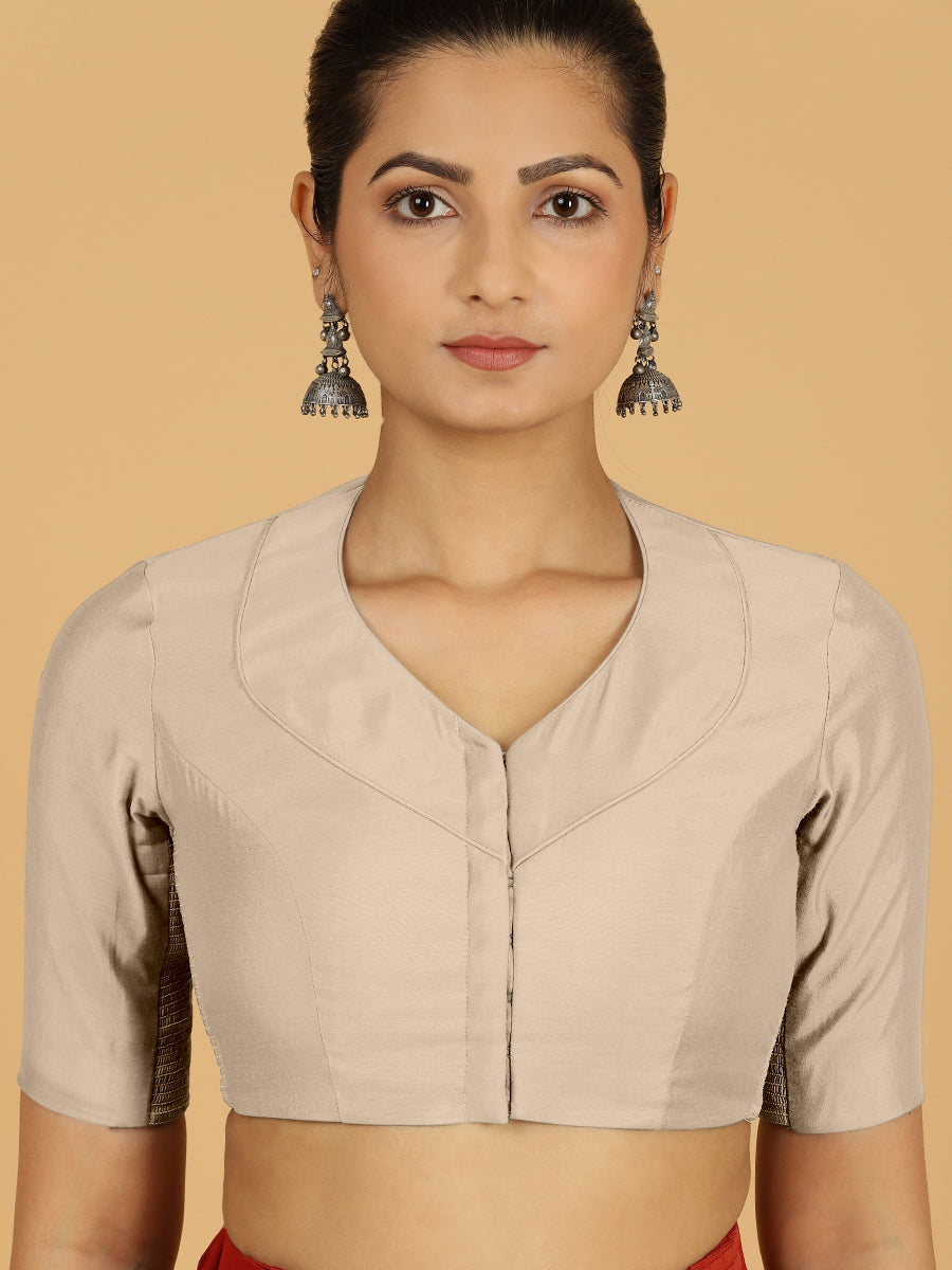 Pallavi x Rozaana Saree Blouse, in Grey Viscose, featuring elbow sleeves and curved v-neckline, made for daily & work (view 5).