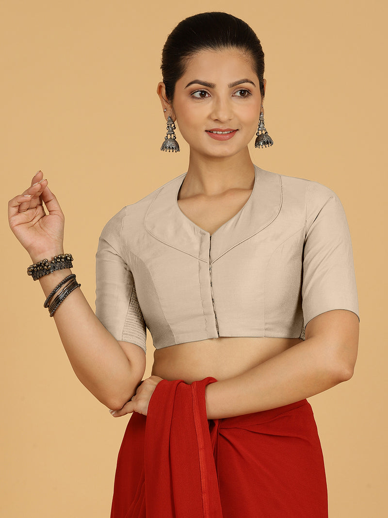 Pallavi x Rozaana | Elbow Sleeves Saree Blouse in Oyster Grey-Binks
