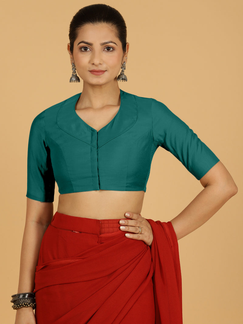 Pallavi x Rozaana | Elbow Sleeves Saree Blouse in Peacock Green-Binks