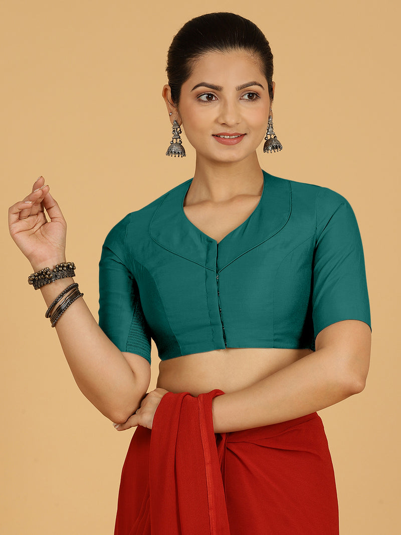 Pallavi x Rozaana | Elbow Sleeves Saree Blouse in Peacock Green-Binks