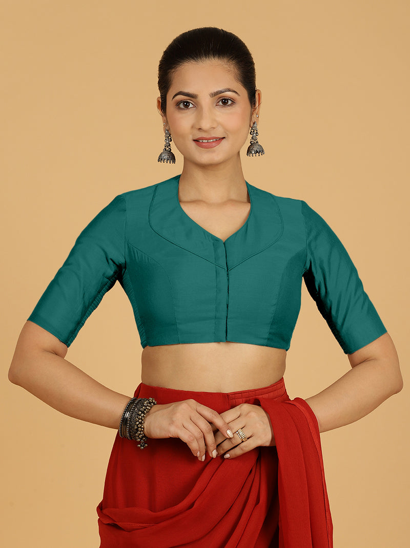 Pallavi x Rozaana | Elbow Sleeves Saree Blouse in Peacock Green-Binks