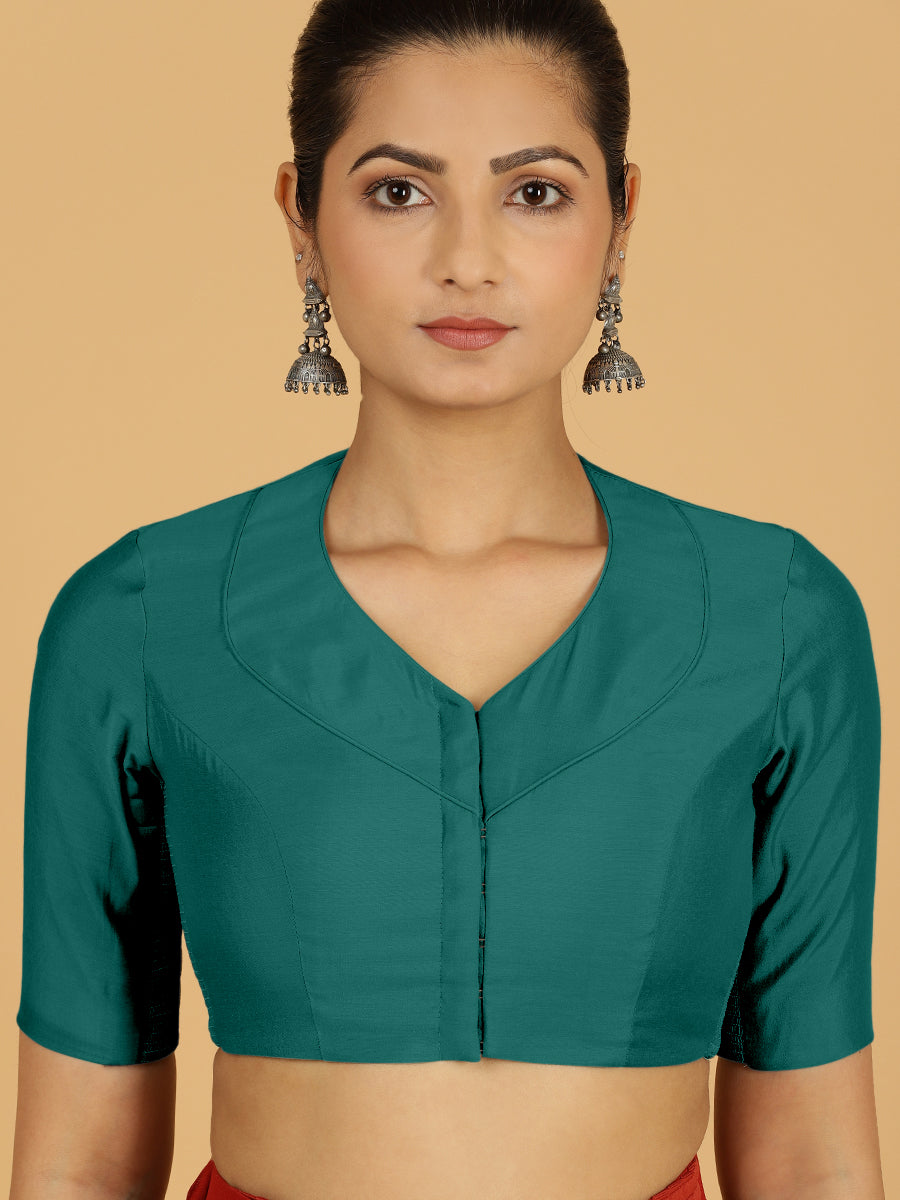 Pallavi x Rozaana Saree Blouse, in Green Viscose, featuring elbow sleeves and curved v-neckline, made for daily & work (view 5).