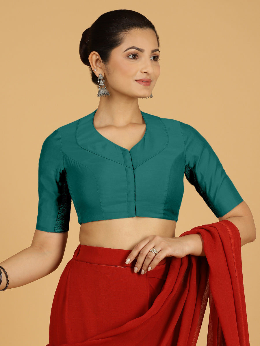 Pallavi x Rozaana Saree Blouse, in Green Viscose, featuring elbow sleeves and curved v-neckline, made for daily & work (view 6).