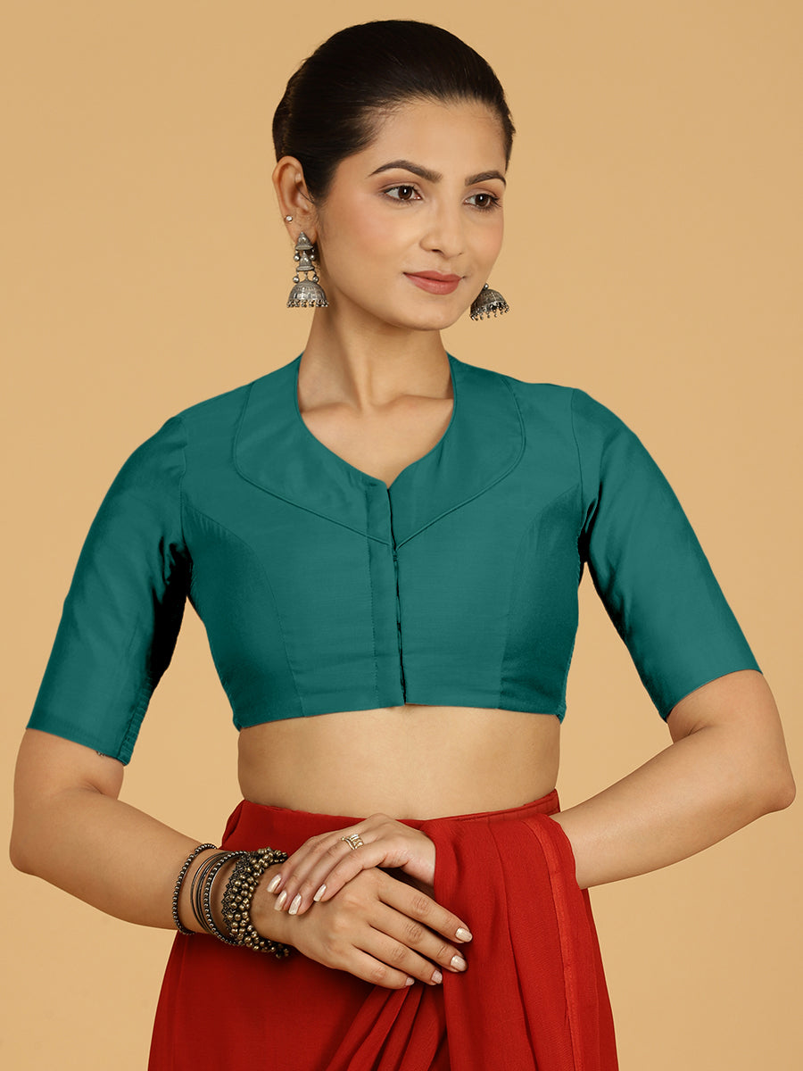 Pallavi x Rozaana Saree Blouse, in Green Viscose, featuring elbow sleeves and curved v-neckline, made for daily & work (view 8).