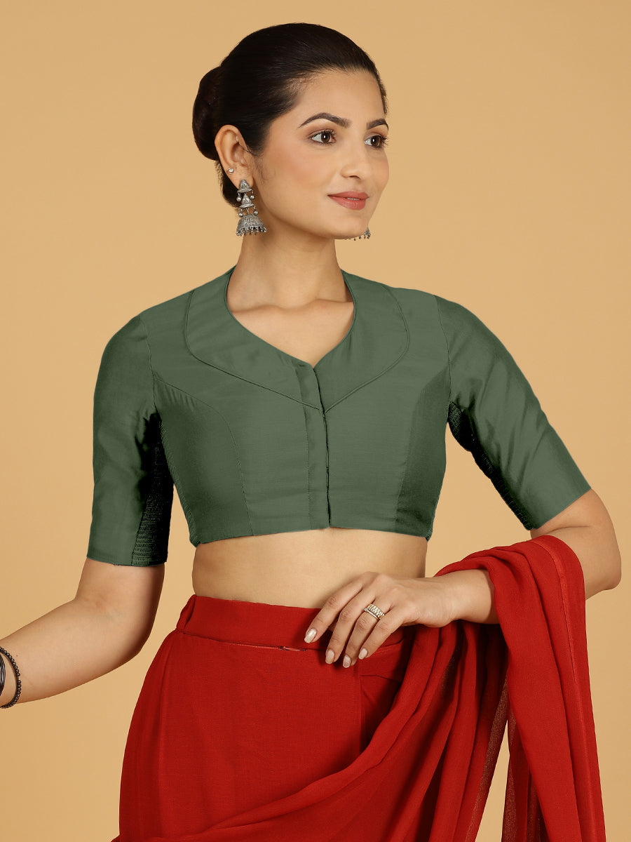 Pallavi x Rozaana Saree Blouse, in Green Viscose, featuring elbow sleeves and curved v-neckline, made for daily & work.