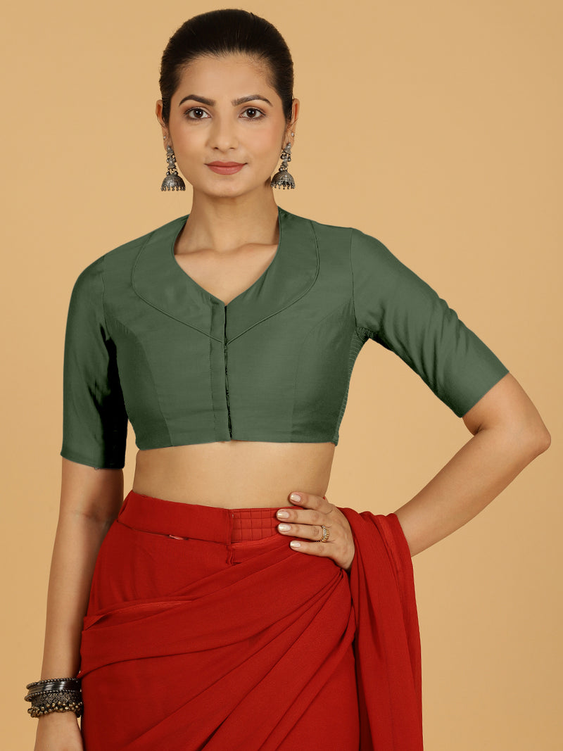 Pallavi x Rozaana | Elbow Sleeves Saree Blouse in Pine Green-Binks