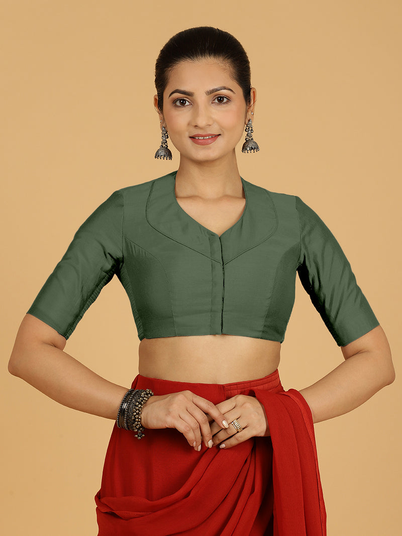 Pallavi x Rozaana | Elbow Sleeves Saree Blouse in Pine Green-Binks