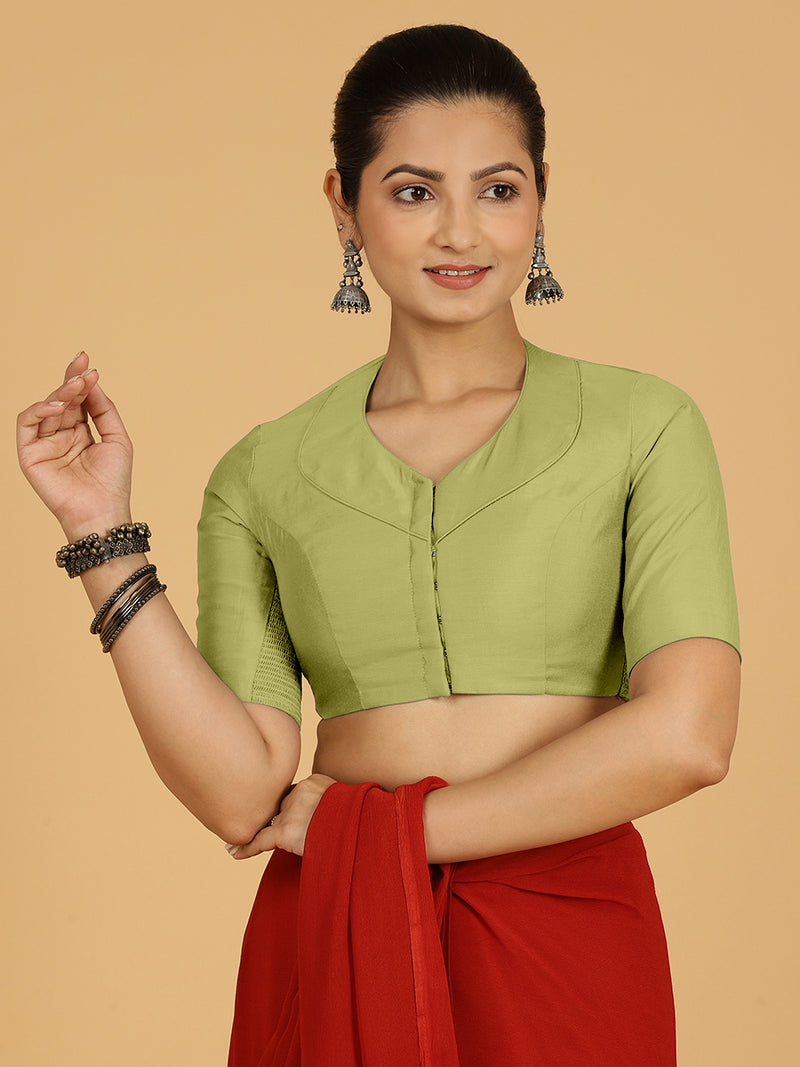 Pallavi x Rozaana | Elbow Sleeves Saree Blouse in Pista Green-Binks