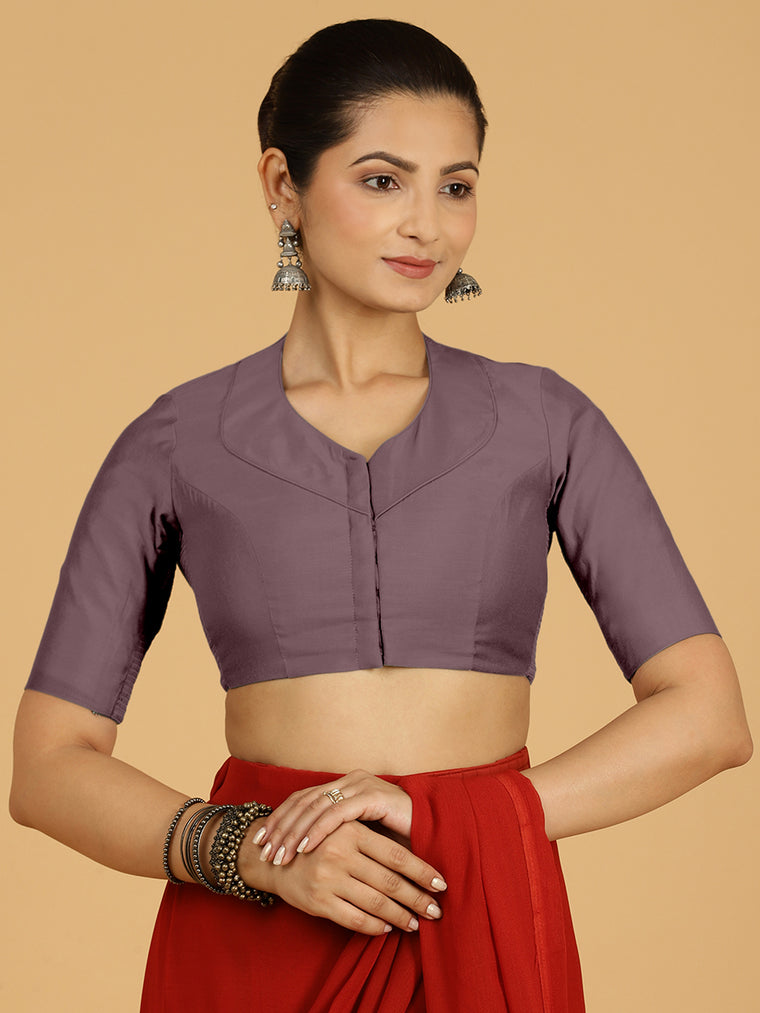 Pallavi x Rozaana Saree Blouse, in Purple Viscose, featuring elbow sleeves and curved v-neckline, made for daily & work.