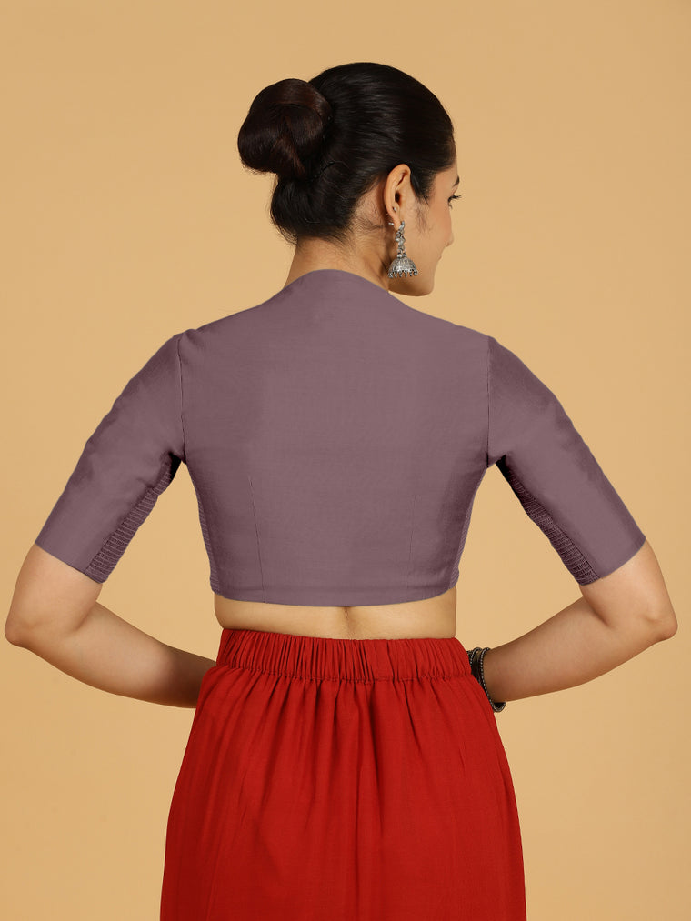 Pallavi x Rozaana Saree Blouse, in Purple Viscose, featuring elbow sleeves and curved v-neckline, made for daily & work.