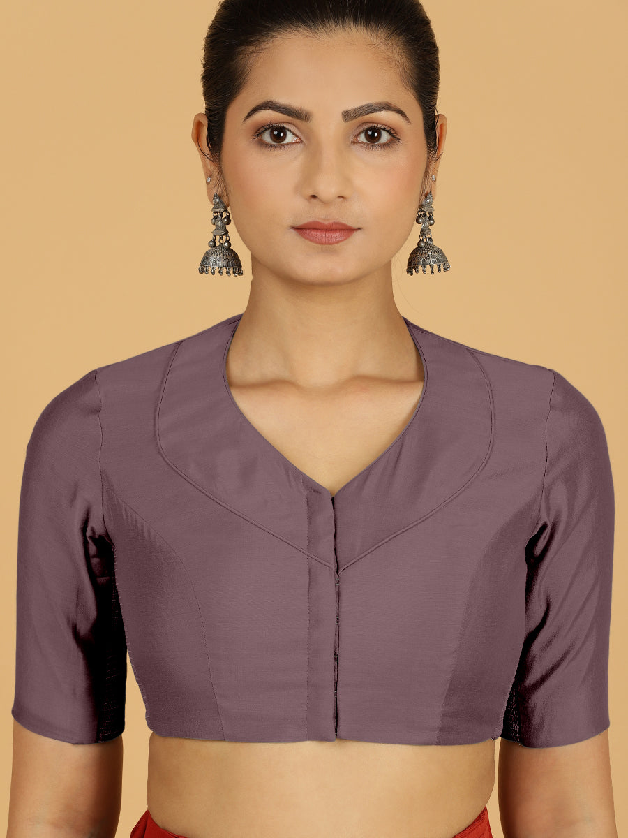 Pallavi x Rozaana Saree Blouse, in Purple Viscose, featuring elbow sleeves and curved v-neckline, made for daily & work.